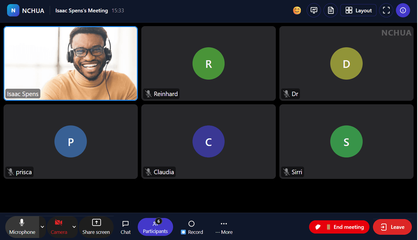 An NCHUA meeting in gallery view with six participants and the meeting toolbar visible